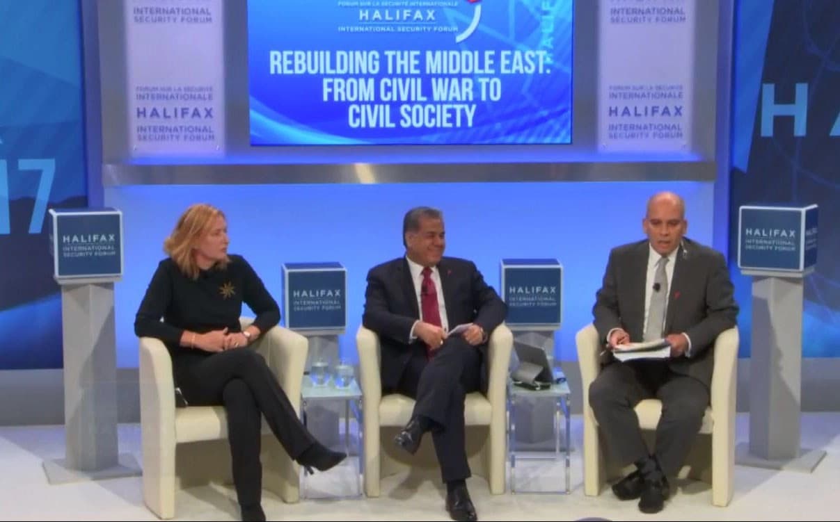 Head of the Kurdistan Regional Government's foreign affairs department, Falah Mustafa (centre), on a panel with Israel’s Tzipi Livni (left), moderated by Al Jazeera’s Abderrahim Foukara (right). Photo: Halifax International Security Forum video