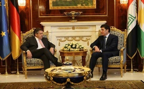 Kurdish Prime Minister Nechirvan Barzani [R] meets with German Foreign Minister Sigmar Gabriel in Erbil in April, 2017. File photo:KRG