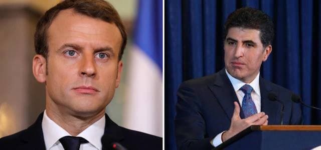 French President Emmanuel Macron and Prime Minister Nechirvan Barzani of the Kurdistan Region. Composite photo: AFP, Rudaw