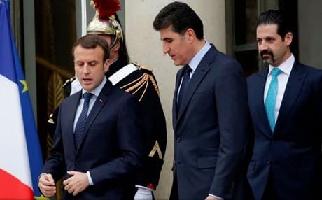 KRG Prime Minister Nechirvan Barzani (C) and his Deputy Prime Minister Qubad Talabani (R) leave the Elysee Palace after a meeting with French President Emmanuel Macron (L) in Paris, on Dec 2, 2017. AFP photo
