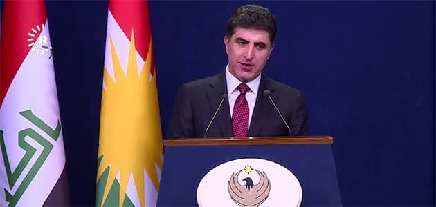 Prime Minister of the Kurdistan Region Nechirvan Barzani speaking in a press conference in Erbil following a cabinet meeting. Photo: Rudaw video 