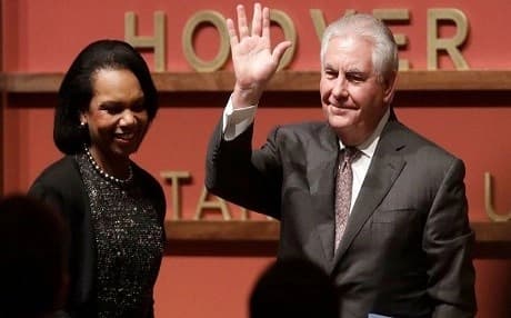 Former Secretary of State Condoleezza Rice welcomes the current secretary, Rex Tillerson, at Stanford University's Hoover Institution on January 17. Photo: AP