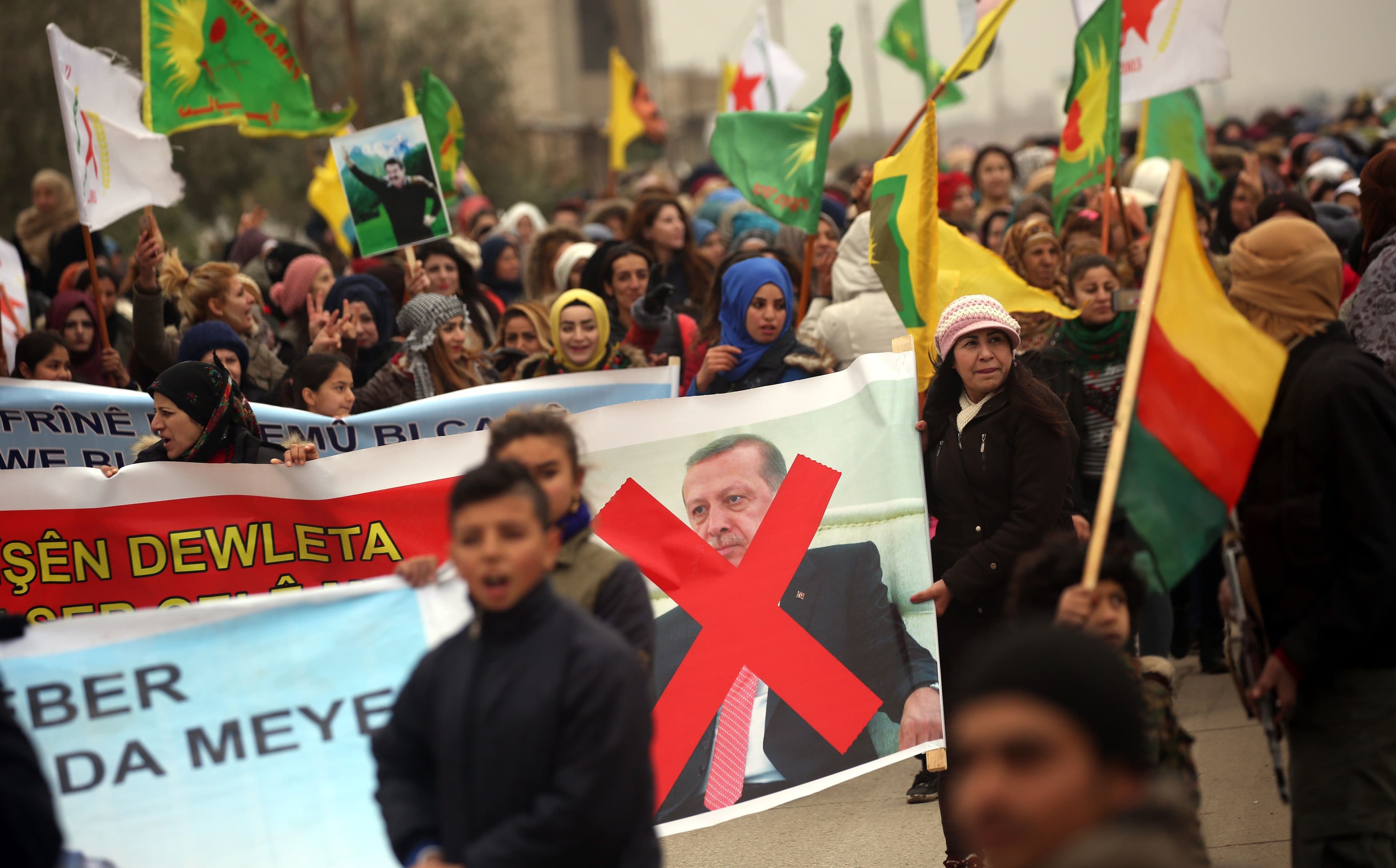 Kurds march in support of Afrin in the town of Jawadiyah on Thursday. Photo: Delil Souleiman/AFP
