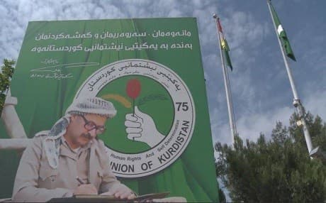 The late PUK leader Jalal Talabani is shown on a party banner in Sulaiamani in November 2017. Photo: Rudaw TV