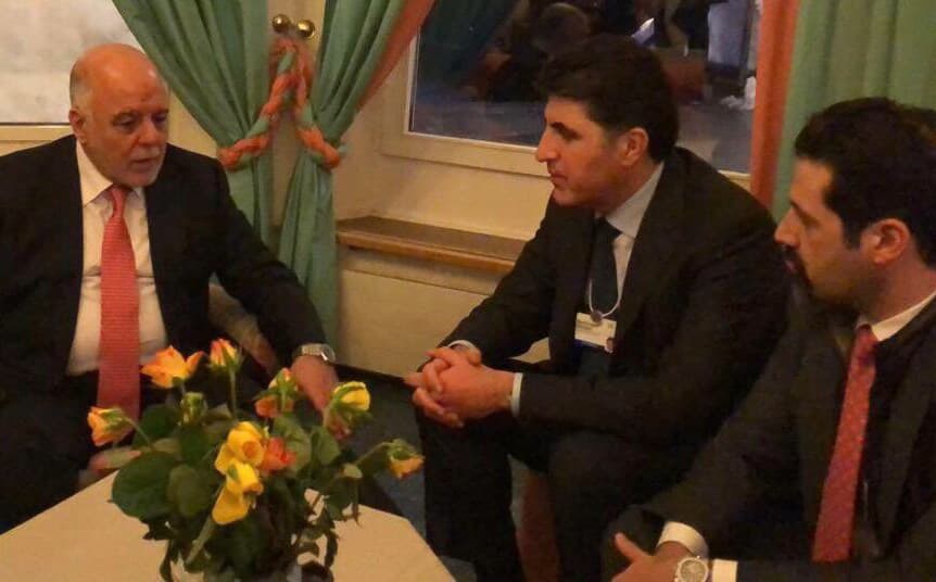 Iraqi Prime Minister Haider al-Abadi, KRG Prime Minister Nechirvan Barzani and Deputy Prime Minister Qubad Talabani talking in Davos, Switzerland on Wednesday. Photo: KRG