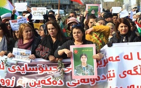 In Sulaimani, demonstrators express solidarity for the people of Afrin with some holding the portrait of Avesta Khabur on January 29, 2018. Photo: Sartip Othman | Rudaw
