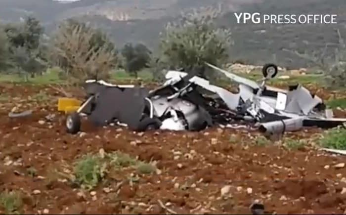 Alleged wreckage of a Turkish drone shot down in Afrin. Photo: Still from YPG video