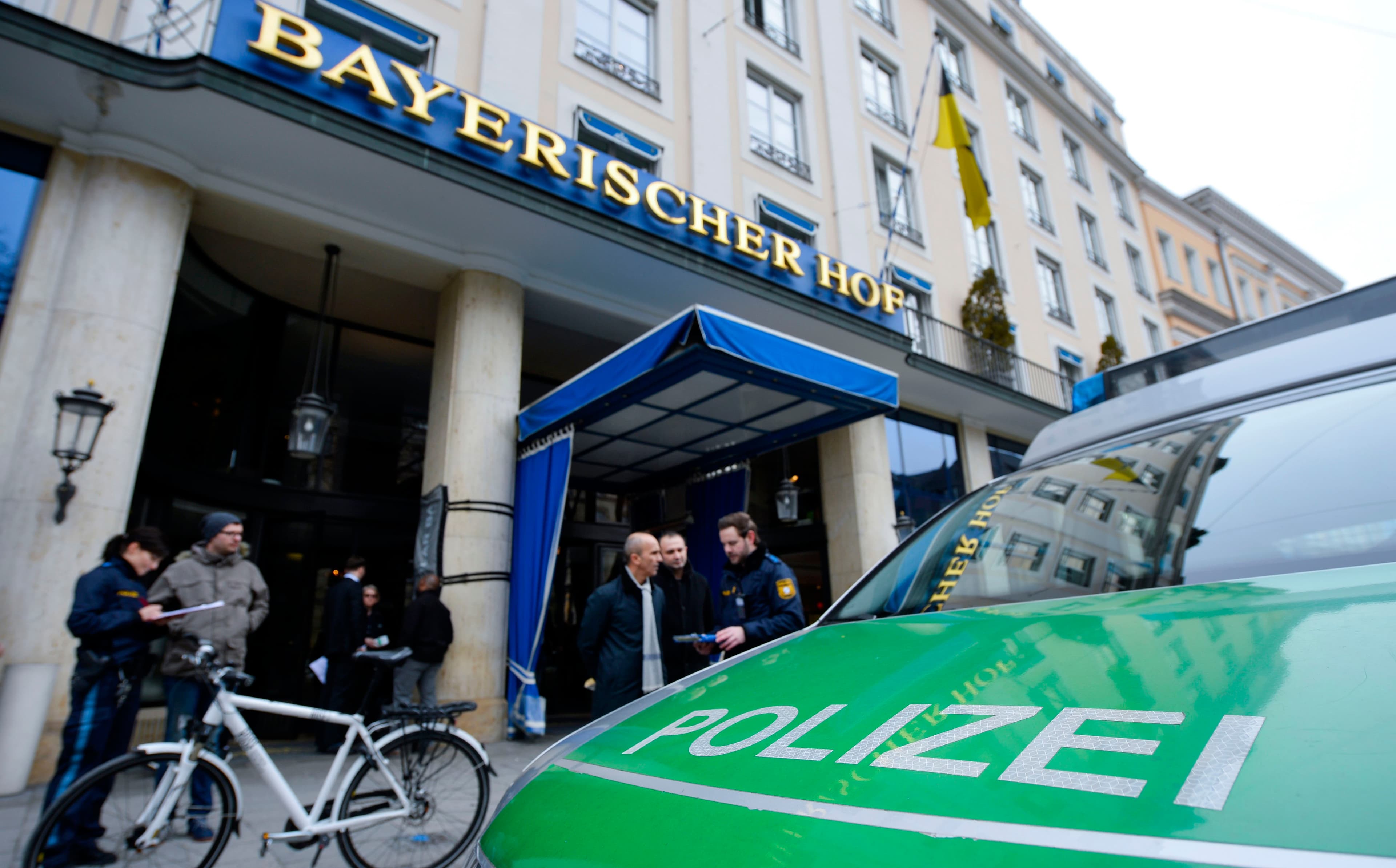 A police car stands in front of Bayerischer Hof hotel, location of the 54th Munich Security Conference on Thursday. The conference runs from February 16 to 18. Photo: Thomas Kienzle/AFP