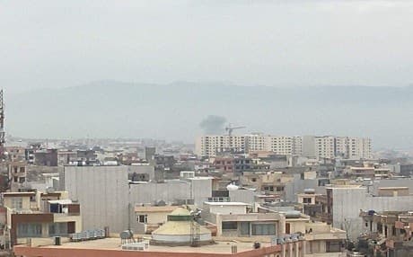 Smoke billows after an explosion in eastern Sulaimani city on February 21, 2018. Photo: @FazelHawramy
