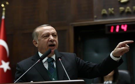 Turkish President Erdogan delivers a speech during the AK Party's parliamentary group meeting at the Grand National Assembly of Turkey (TBMM) in Ankara, March 20, 2018. Photo: Hakan Goktepe / AFP