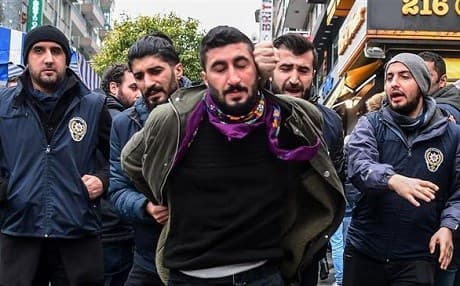 Riot police arrest a man during a protest in Istanbul in January against Turkey’s military operation in Afrin. Photo: AFP