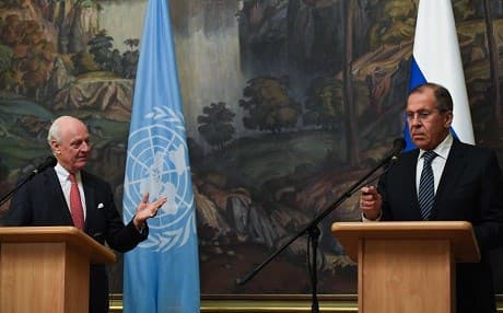 UN special envoy for Syria Staffan de Mistura (R) and Russian Foreign Minister Sergei Lavrov (L) held a joint press conference in Moscow on Thursday. Photo: Yuri Kadobnov/AFP