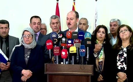 Dilshad Omer speaks at a press conference in Sulaimani on April 2, 2018. Photo: Rudaw TV
