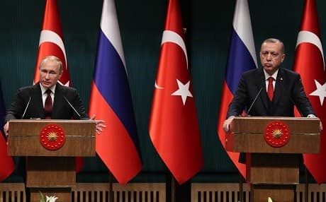 Russian President Vladimir Putin and Turkish President Recep Tayyip Erdogan speak to the press in Ankara on Tuesday. Photo: Adem Altan/AFP