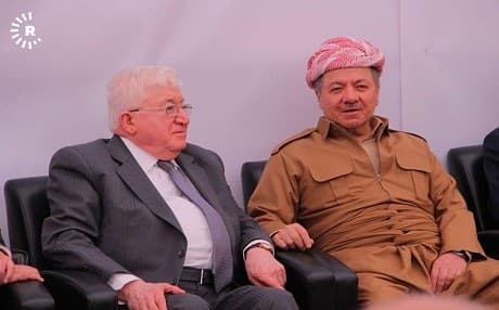 Fuad Masum, the president of Iraq, consoles Masoud Barzani at Pirmam on April 4, 2018, after the loss of his nephew Dilovan Barzani. Photo: Rudaw | Jamal