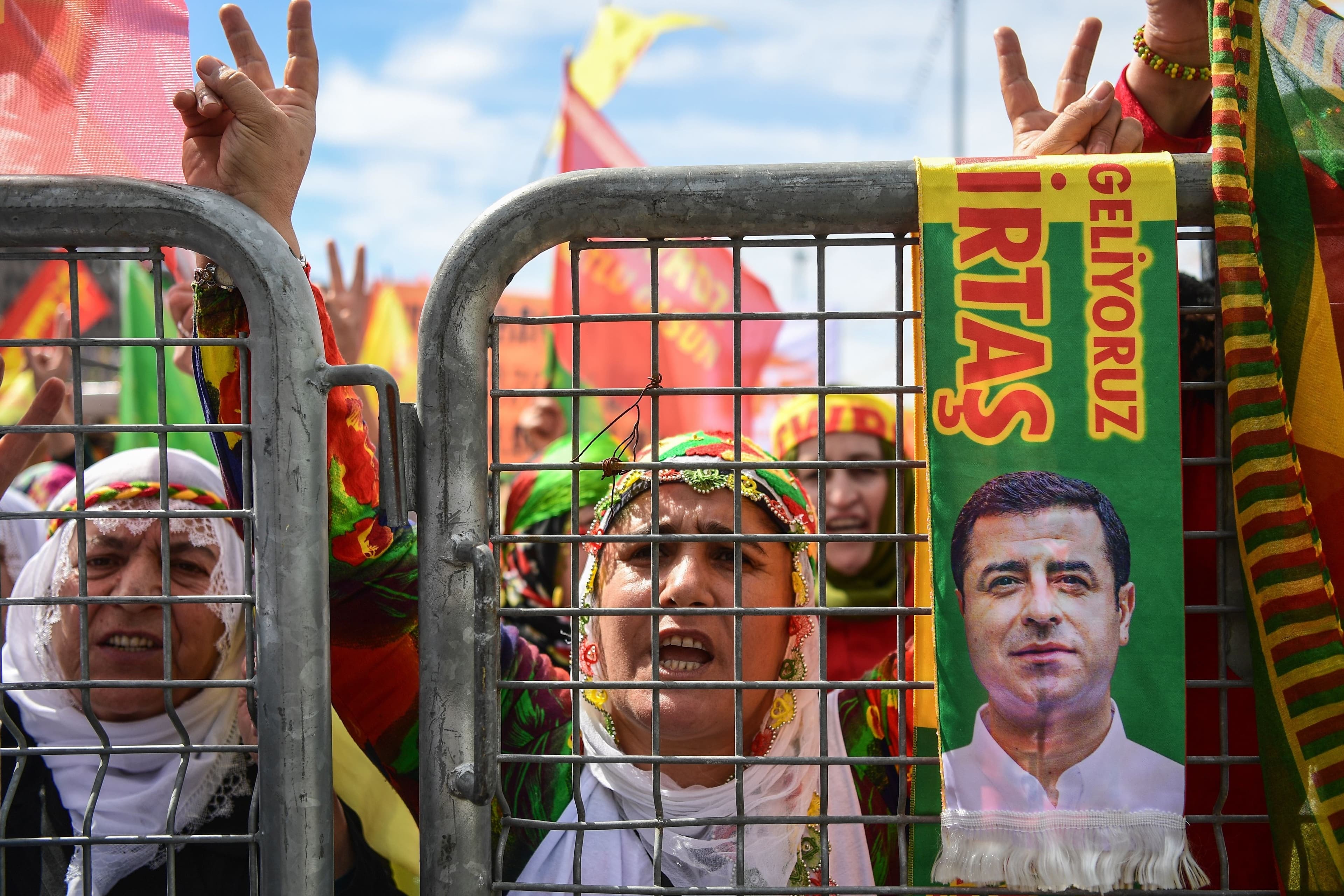 Women display an image of Selahattin Demirtas during Newroz celebrations in Istanbul last month. Photo: Ozan Kose/AFP