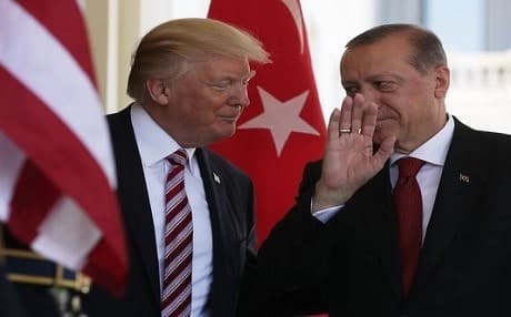 Turkish President Recep Tayyip Erdogan (right) visits with US President Donald Trump in Washington, D.C., on May 16, 2017. Photo: Alex Wong | AFP