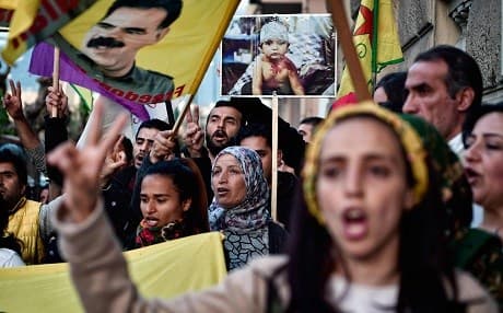 Kurds living in Greece call for international intervention in Afrin during a protest in front of EU offices in Athens last week. Photo: Louisa Gouliamaki/AFP