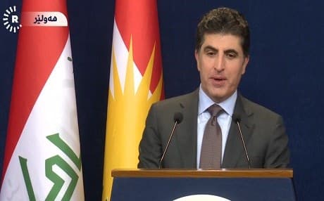 During a press conference in Erbil on April 17, 2018, KRG Prime Minister Nechirvan Barzani responds to questions. Photo: Rudaw TV