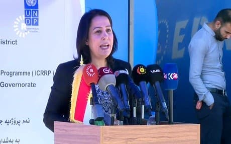 KRG Minister of Municipalities and Tourism Newroz Mawlood Amin announces upgrades to a water project in Rawanduz on April 19, 2019. Photo: Rudaw TV