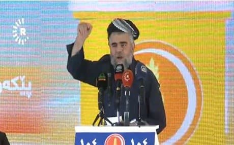Komal leader Ali Bapir speaking to his party's supporters at a rally to kick off their election campaigning in Erbil on Saturday. Photo: Rudaw TV