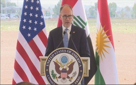 US Ambassador to Iraq Douglas Silliman delivers remarks at the site of the new US Consulate General in Erbil, Kurdistan Region, on April 23, 2018. Photo: Rudaw TV