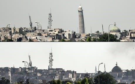 The skyline of Mosul’s Old City before (top) and after (bottom) the destruction of al-Hadba minaret. Photo: Mohamed el-Shahed/AFP