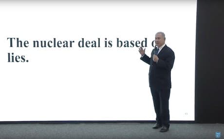A screengrab from live broadcast by Israeli Prime Minister Benjamin Netanyahu revealing files allegedly from Iran’s “secret atomic archive.” 
