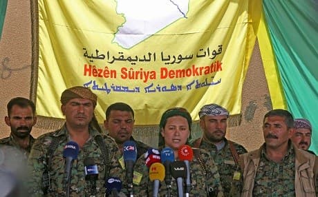 SDF spokesperson Lilwa al-Abdallah speaks during a press conference announcing the start of a military campaign against ISIS in Deir ez-Zor on Tuesday. Photo: Delil Souleiman/AFP