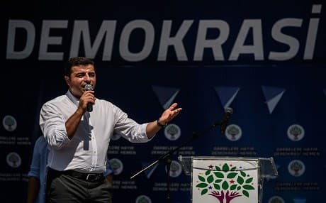 In this file photograph taken on July 23, 2016, then co-leader of the pro-Kurdish People's Democratic Party, Selahattin Demirtas, speaks during a rally against the military coup and the state of emergency at the Gazi district in Istanbul. Photo: Ozan Kose | AFP