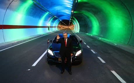 A handout picture taken and released on June 13, 2018, shows Turkish President Recep Tayyip Erdogan attending the opening ceremony of the Ovit Tunnel in Rize. Photo: Turkish presidency via AFP