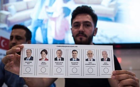 An employee of Turkey’s election body holds up a sample presidential ballot. Photo: Yasin Akgul/AFP