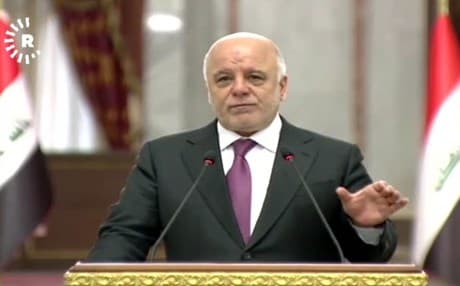 Iraqi Prime Minister Haider al-Abadi speaks about Basra, electricity, and visa costs during his weekly press conference in Baghdad on July 10, 2018. Photo: Rudaw TV
