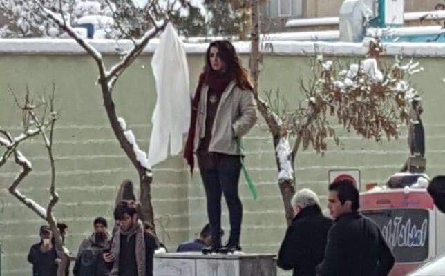 Photo shared on social media of activist Narges Hosseini protesting the mandatory hijab. Photo: CHRI