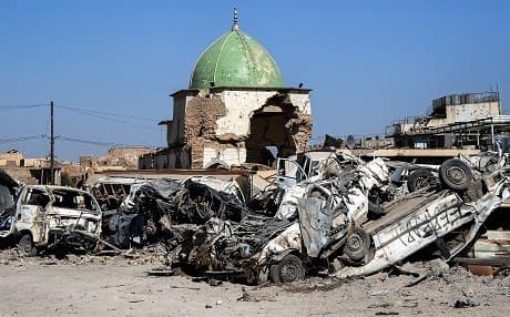 A picture taken on July 9, 2018 shows a view of the dome of the destroyed Al-Nuri Mosque in the Old City of Mosul, a year after the city was retaken by the Iraqi government forces. Photo: Zaid al-Obeidi