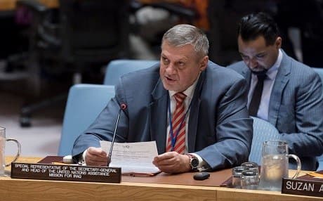 Jan Kubis, special representative of the secretary-general and head of the United Nations Assistance Mission for Iraq, briefs the Security Council meeting on the situation concerning Iraq on August 8, 2018, in New York. Photo: UN