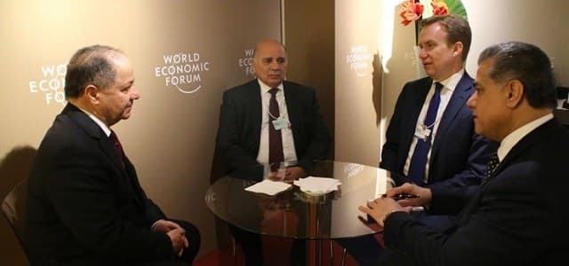 From left: KDP President Masoud Barzani, then chief of staff of the Kurdistan Region presidency Fuad Hussein, Norwegian Foreign Minister Borge Brende, and KRG head of the Department for Foreign Relations meet at the World Economic Forum in Davos, Switzerland, in January 2017. Photo: KRP