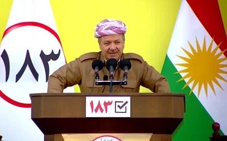Masoud Barzani, former KRG president and head of the KDP, speaks at a campaign rally in Erbil on Tuesday. Photo: Rudaw