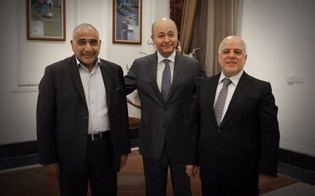 President Barham Salih (centre) received PM-designate Adil Abdul-Mahdi (left) and incumbent PM Haider al-Abadi (right) at the al-Salam Palace on Thursday. Photo: @BarhamSalih 