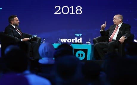 Turkish President Recep Tayyip Erdogan speaks at a TRT-sponsored panel in Istanbul on October 4, 2018. Photo: AA