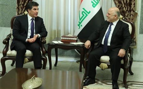 KRG Prime Minister Nechirvan Barzani and Iraqi Prime Minister Haider al-Abadi met at Abadi's office in Baghdad on Wednesday. The two leaders are at the ends of their respective terms. Photo: Iraqi PM media office