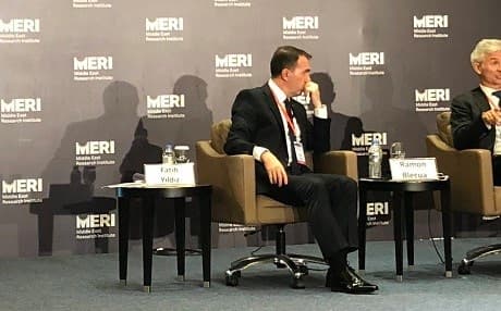 Turkey’s Ambassador to Iraq Fatih Yildiz listens to a fellow panelist speak at the MERI forum in Erbil on Wednesday. Photo: MERI