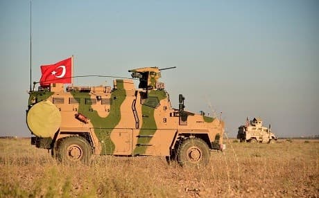 A Turkish military vehicle pictured on a joint patrol with US forces in the Manbij area of northern Syria on November 1, 2018. Photo: Turkish Armed Forces/handout