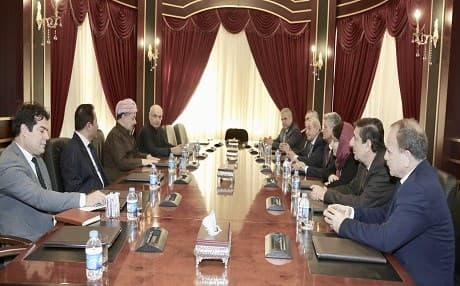 KDP President Masoud Barzani (center left) meets with an ENKS delegation in Erbil, Kurdistan Region, on January 10, 2019. Photo: MB Office
