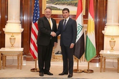 US Secretary of State Mike Pompeo (L) shakes hands with KRG Prime Minister Nechirvan Barzani. Photo: KRG 