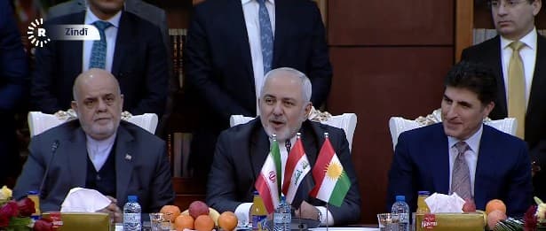 Iran Ambassador to Iraq Iraj Masjedi (left), Foreign Minister Javad Zarif and KRG Prime Minister Nechirvan Barzani meet to discuss trade ties in Erbil on January 15, 2019. Photo: Rudaw TV