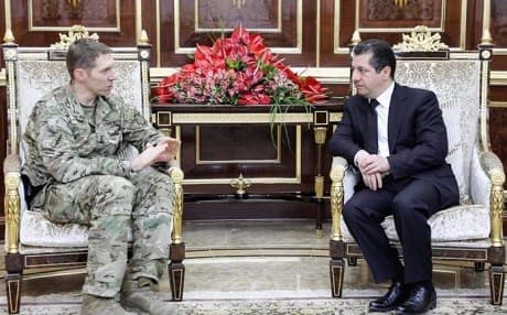 US Army Maj. Gen. Patrick Roberson (L) speaks with Kurdistan Region Security Council Chancellor Masrour Barzani on January 16, 2019. Photo: KRSC