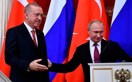  Russian President Vladimir Putin and his Turkish counterpart Recep Tayyip Erdogan leave after a joint press conference following their meeting at the Kremlin in Moscow on January 23, 2019. Photo: Alexander Nemenov/AFP