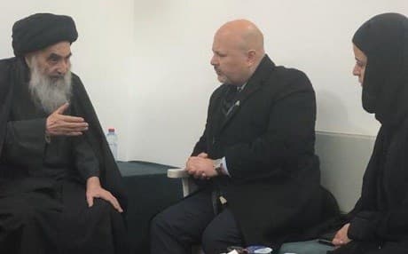 Ayatollah Ali al-Sistani (left) speaks with British lawyer Karim Asad Ahmad Khan (centre) in Najaf on January 23, 2019. Photo: Sistani's office