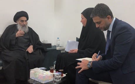 Ayatollah Ali al-Sistani (L) meets with UNAMI head Jeanine Hennis-Plasschaert (C) in Najaf on February 6, 2019. Photo: Sistani’s office